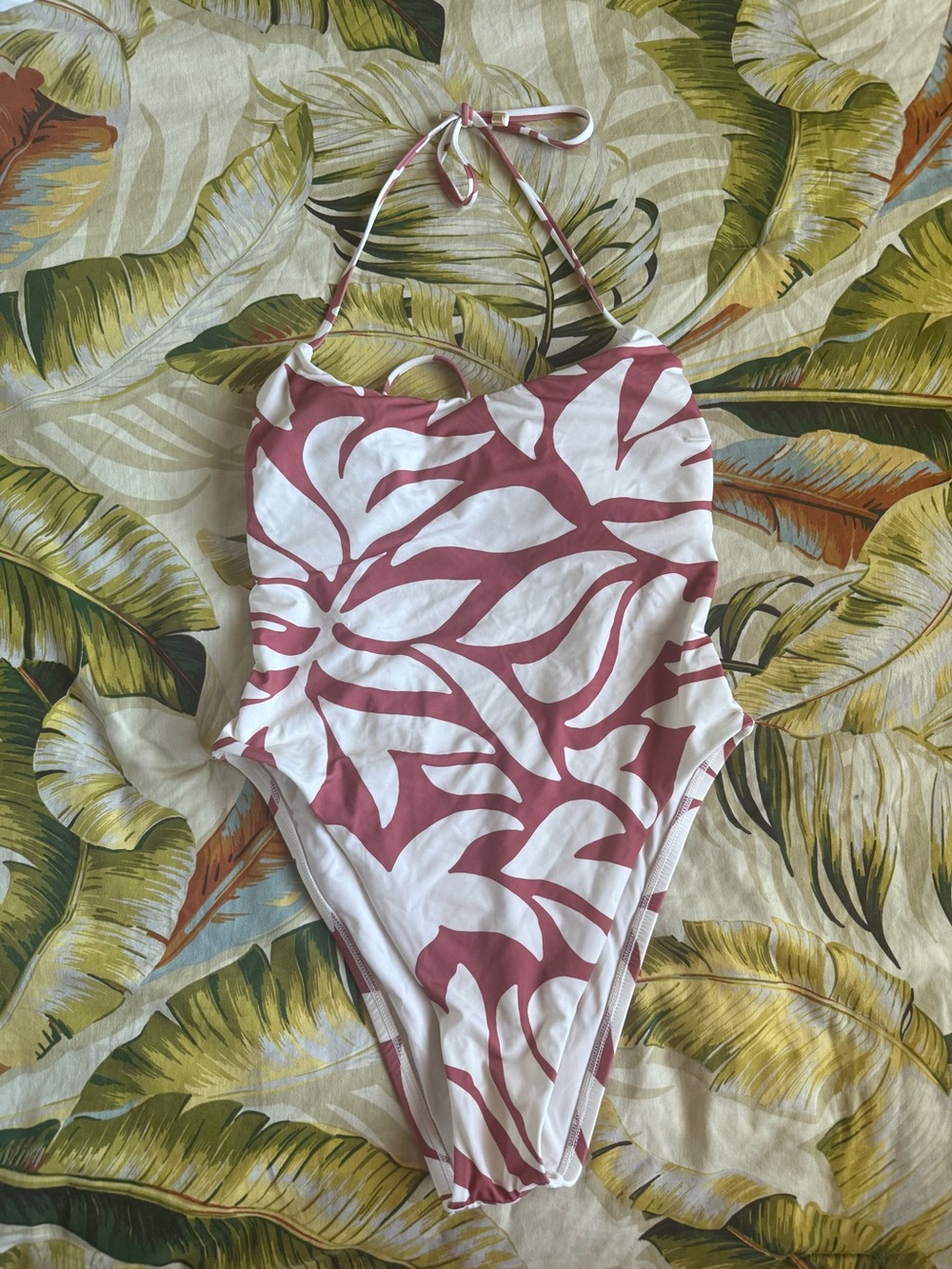 One-Piece Swimsuit - White & Dusty Rose Leaf Print